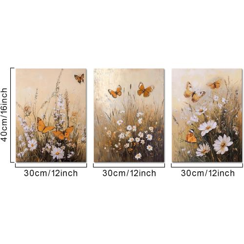 Fochorlo Butterfly Wall Art Flowers Wall Decor Orange Brown Pictures Prints Decoration for Bathroom Living Room Bedroom 12x16x3