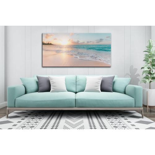 OKEXCKK Beach Canvas Wall Art - Sunset Ocean Picture Green Nature Seascape Painting Print for Kitchen, Bedroom, Living Room Decoration, Large Coastal Artwork Poster for Wall Decor 20x40