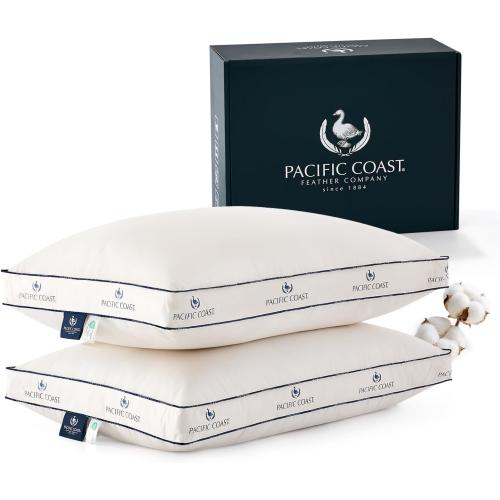 Pacific Coast Goose Feather and Down Pillows, Queen Size Set of 2, Gusseted Pillows, Bed Pillows for Sleeping, Good for Side and Back Sleepers, 100% Organic Cotton Cover