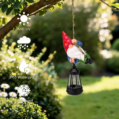 Solar Hanging Gnome Garden Statues Funny Climbing Gnome with LED Lantern