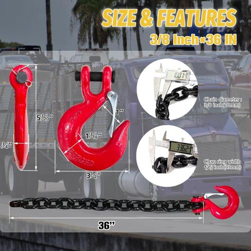 3/8 Trailer Safety Chains G80 Tow Chains with G70 Clevis Safety Hooks|7100 lbs Safety Working Load 27000 lbs Break Strength Heavy Duty 36 Transport Chains Tow Binding Chains (2 Pack Black)
