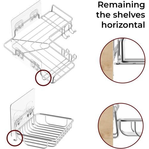 Vdomus Corner Shower Caddy Shelf, No Drilling Traceless Adhesive Rust Proof Stainless Steel Shampoo Holder with Soap Holder, Bathroom Organizer Wall Shelf Basket Rack with Hooks, 3 Pack