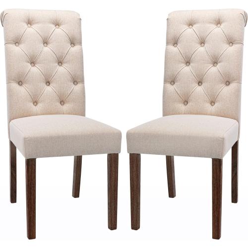COLAMY Tufted Upholstered Dining Chairs Set of 2, Accent Parsons Chairs with Solid Wood Legs and Padded Seat, Beige