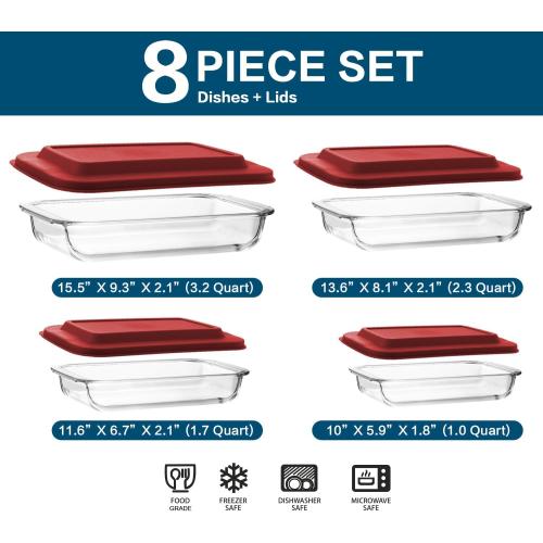 8-Piece Deep Glass Baking Dish Set with Plastic lids,Rectangular Glass Bakeware Set with Lids, Baking Pans for Lasagna, Leftovers, Cooking, Kitchen, Freezer-to-Oven and Dishwasher, Red