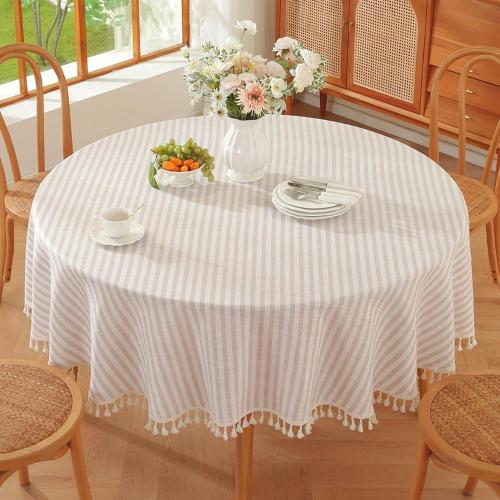 TruDelve Small Round Table Cloth 60 Inch Beige Striped Cloth Tablecloth Boho Fall Round Tablecloths for Outdoor Table Cover (Beige,60,Round)