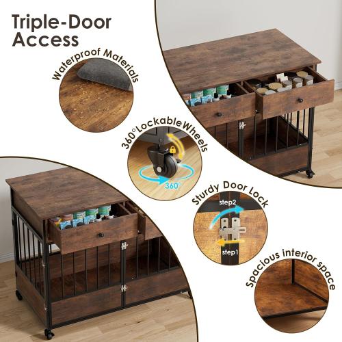 44.5 Dog Crate Furniture, Wooden Dog Kennel with Storage Drawers, Large Dog Cage with Wheels, Heavy Duty Wooden Dog Crate End Table with Steel Tubes for Big Breed