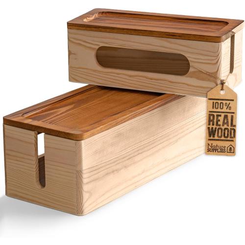 NATURE SUPPLIES Set of Two Natural Wood Cable Management Box, Large and Medium Cord Organizer to Hide Wires and Power Strips for TV, Desk, Computer, Router, Cable Storage and Cord Organization