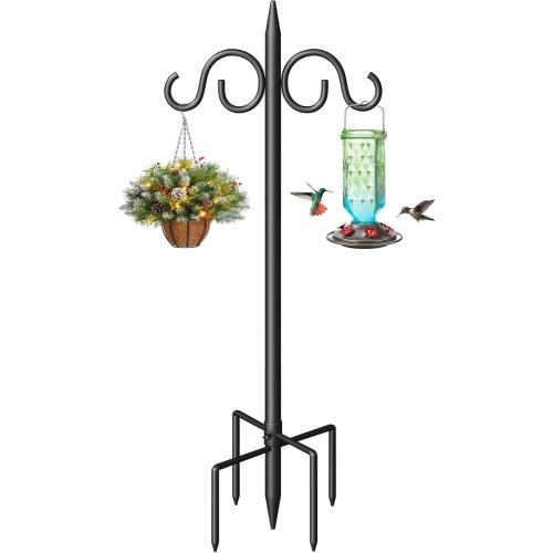 Double Shepherds Hooks for Outdoor, 108 Inch Heavy Duty Bird Feeder Pole with 5 Prongs Base, Adjustable Shepherds Hook for Bird Feeder, Garden, Weddings, Hanging Plant, 1 Pack
