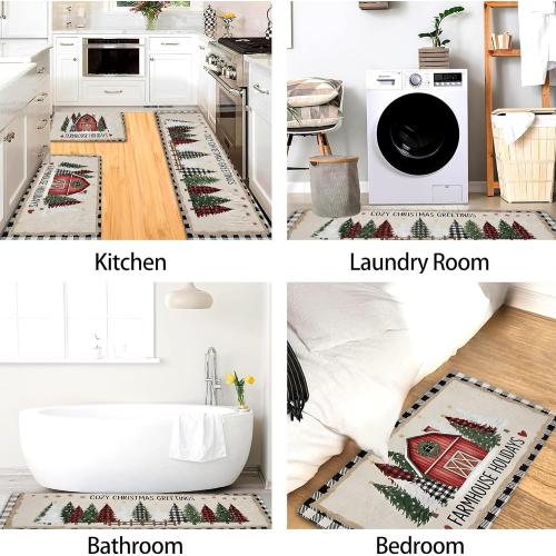 Farmhouse Christmas Kitchen Mats for Floor, Rustic Barn Trees Soft Mats, Holiday Cushioned Non Slip Washable Decor Rugs for Kitchen Sinks Bathroom 16x47 Inch