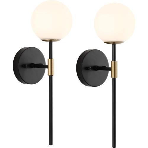 Industrial Mid Century Wall Sconce Set of 2 with White Globe Glass Shades Modern Bathroom Vanity Wall Lamp Black and Gold Finished Wall Light Fixture