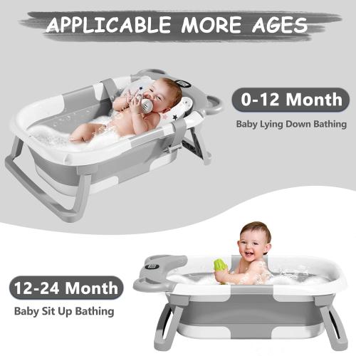 MoreFeel Collapsible Baby Bathtub for Newborn with Thermometer & 1 Hooded Towel & 1 Soft Floating Cushion,Portable Travel Bathtub with Drain Hole, Durable Foldable Baby Tubs for Infants to Toddler