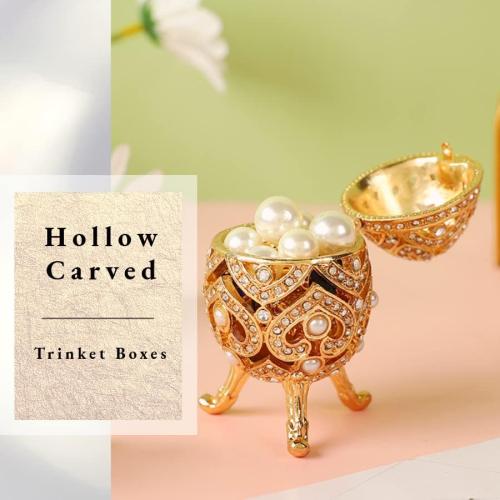 Faberge Egg Jewelry Trinket Box with Hinged Classic Hand-Painted Ornaments Metal Vintage Craft Gift for Home Decor, Gold