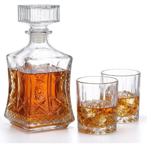 Whiskey Decanter Set with 2 Whiskey Glasses, Glass Liquor Decanter Set, Crystal Decanters Sets for Tequila, Bourbon, Brandy and Vodka, Ideal Gift for Men Home Bar Decor, 25oz