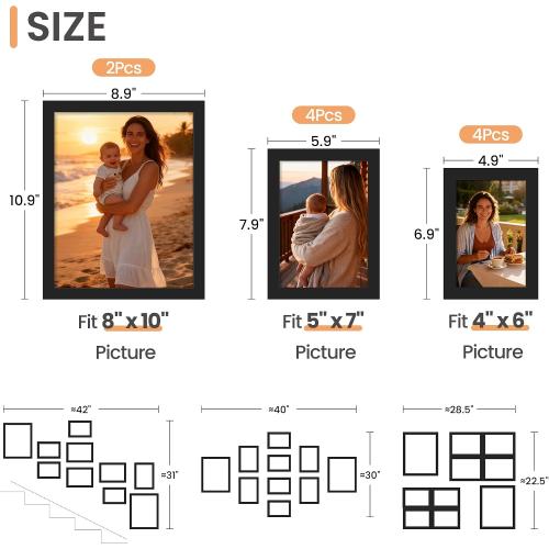 upsimples Picture Frames Set of 10, Including 8x10, 5x7, 4x6 Black Frame