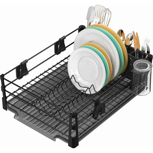 Simple Houseware Dish Drying Rack with Drainboard, Utensil Holder & Mug Hooks, Black Metal Kitchen Counter Organizer