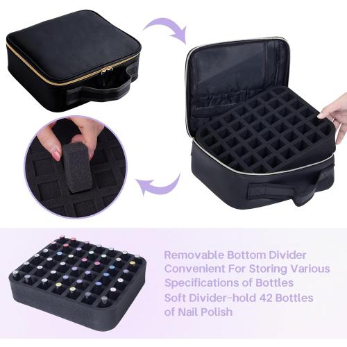 Nail Polish Organizer Holds 42 bottles(15ml-0.5fl.oz)，Nail Polish Carrying Case with Pad Multifunctional Cosmetic Travel Makeup Bag Black