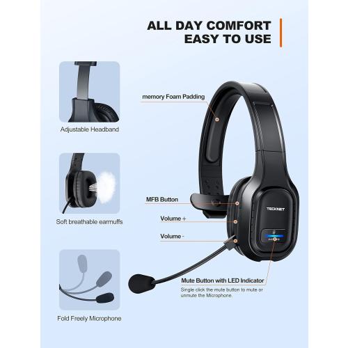TECKNET Trucker Bluetooth Headset, AI Noise Canceling Mic, Wireless On-Ear