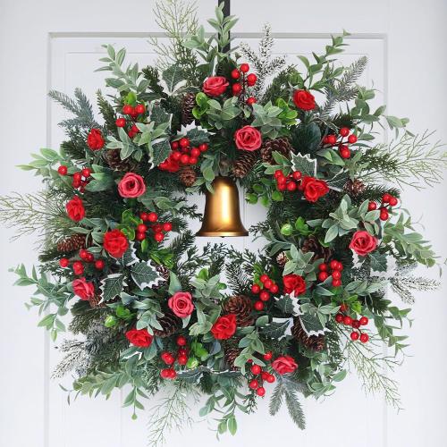 30inch Christmas Wreath, Artificial Winter Wreaths for Front Door with Bell Pinecone Berries for Outdoor Indoor Wall Tree Table Farmhouse Holiday Wedding Birthday Party Decorations