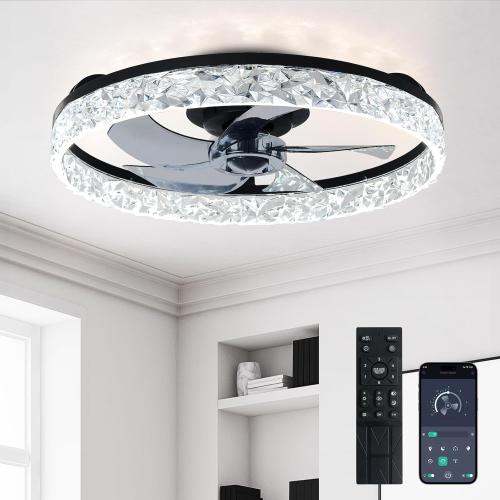 Depuley Bladeless Ceiling Fans with Lights: 20 Black Modern Low Profile Flush Mount Ceiling Fan with App Remote Control - Bedroom Enclosed Crystal Fandelier with Dimmable LED for Living Room Kitchen
