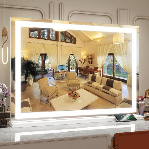 ROLOVE Vanity Mirror with Lights, 32 x 22 Large Lighted Vanity Mirror with Dimmable 3 Modes, LED Makeup Mirror, USB Charging Port, Tabletop or Wall-Mounted Square White