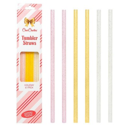CharCharms 30oz Holiday Glitter Water Bottle Straws Pink/Gold/White