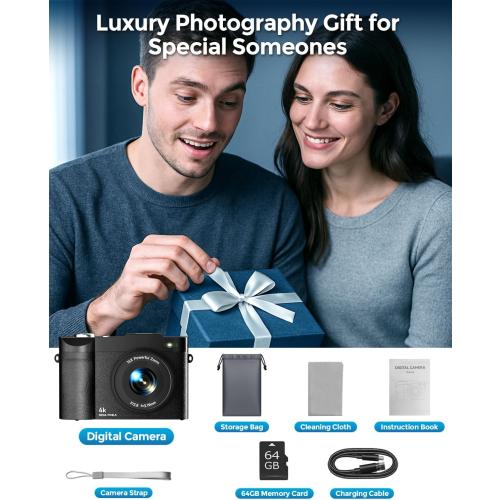 4K Digital Camera for Photography- 48MP Autofocus Vlogging Camera with 2.8 180° Flip Screen, 16X Digital Zoom- Compact Point and Shoot Camera with 64GB SD for YouTube, Travel, Beginners