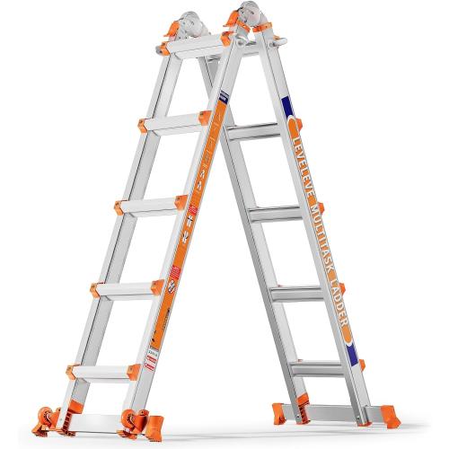 LEVELEVE Telescoping A Frame Ladder, 17FT Multi Position Ladder with Stabilizer Bar & Wheels,330 lbs Security Load for Stairs Home Indoor Outdoor Roof