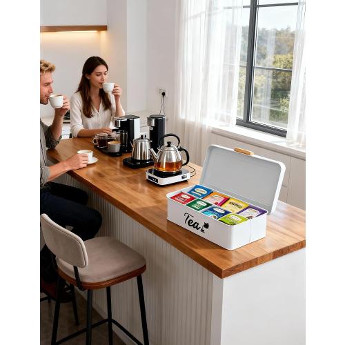 Farmhouse Tea Bag Organizer, Tea Bag Holder with 8 Compartments for Countertop, Tea Box Organizer with Wooden Handle for Home Kitchen