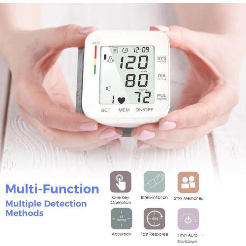 MMIZOO Wrist Blood Pressure Monitor Large LCD Display BP Machine Adjustable Cuff 5.31-7.68 inch Automatic 99x2 Sets Memory with Carrying Case for Home Use (W1681)