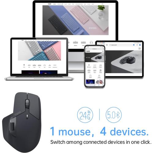 Rapoo MT760 Multi-Device Wireless Mouse, Bluetooth 5.0 and 2.4G Multi-Mode Connection, Up to 4 Devices, 11 Programmable Buttons, 4K DPI, 90 Days Battery Life, PC, Matte Black