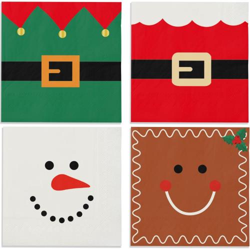 100 Christmas Napkins, Christmas Cocktail Napkins, Xmas Snowman Gingerbread Man Elf & Santa Party Napkins for Holiday Decorations Table Décor Party Supplies