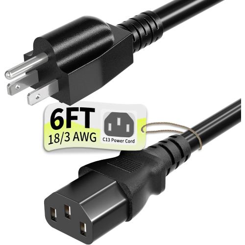 Vockjour Universal 6ft(1.8m) Power Cord, 3-Prong Pure Copper ETL, Black