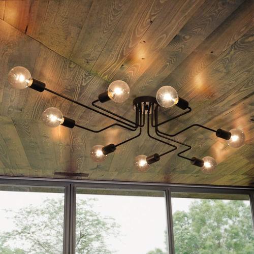 Lingkai 8 Lights Sputnik Ceiling Light Fixture Industrial Chandelier Semi Flush Mount Light Fixtures with Matte Black Finish for Living Room Bedroom Dining Room
