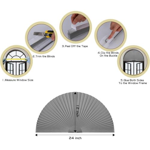 Arch Window Shade,Light Filtering Pleated Shade,Half Circle Fabric Blinds Room Darkening Shades Easy Install Blinds Semi Circle Window Cover (Grey, 24 W x 12 H)