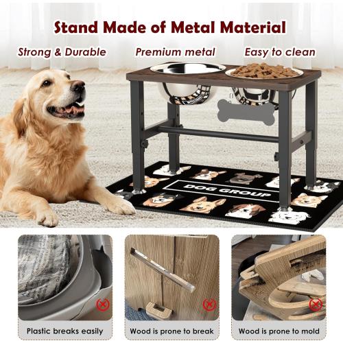SHAINFUN Elevated Dog Bowls with Slow Feeder & Mat for Medium and Large Dogs, 12 Tall Adjustable Wooden & Metal Raised Dog Bowl Stand, 2 Stainless Steel 58oz Bowls for Food & Water