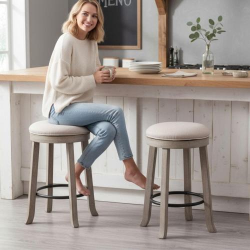 LukeAlon Farmhouse Linen Fabric Round Bar Stools Set of 2, 360° Swivel 25.6” Counter Height Stools with Solid Wood Legs Backless Low Barstools with Footrest for Home Bar Kitchen Island, Beige