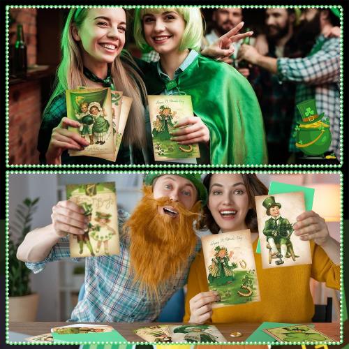 Yinder 24 Set St Patrick's Day Cards with Envelopes Vintage Green St Patrick's Day Shamrock Greeting Cards Retro Clover Irish Cards for Party Classroom Home Office Business (Cute Style)