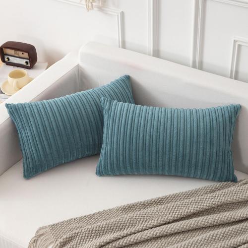 Kevin Textile Striped Corduroy 12”x20” Pillow Covers 2 Pack, Blue Grey