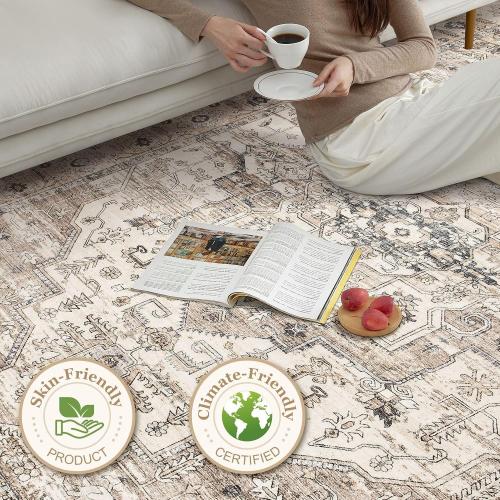 Area Rug 7x9 Washable Vintage - Soft Traditional Rugs for Living Room Large Non Slip Backing with Low Pile Farmhouse Oriental Retro Carpet for Bedroom Dining Room or Home Office - Tea Brown