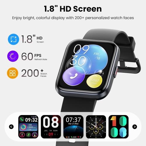 Smart Watches for Men Android & iPhone, 1.8 HD Alexa Built-in Smartwatches Fitness Tracker Watch with Bluetooth Calls, IP68 Waterproof, Heart Rate/Sleep/SpO2 Monitor, 110 Sport Modes - Black