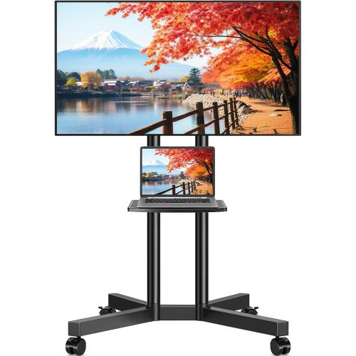 Rfiver Rolling TV Stand with Laptop Shelf, Mobile TV Stand with Upgraded Wheels for 32-75 Inch TVs, Height Adjustable Mobile TV Cart up to 88lbs, Portable TV Mount Stand for Outdoor, Home, Office