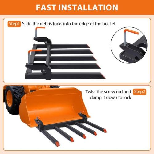 USED ‼️ Garvee Clamp on Debris Forks to 48 in Bucket, Heavy Duty 5 Fork Tines Clamp-on Pallet Attachments with 2500 LBS Capacity Fit for Tractor Bucket, Loader, Skid Steer