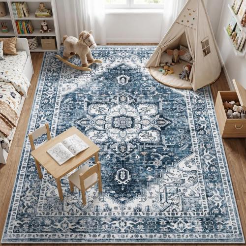 5x7 Washable Vintage Distressed Area Rug Blue Boho Rug Living Room