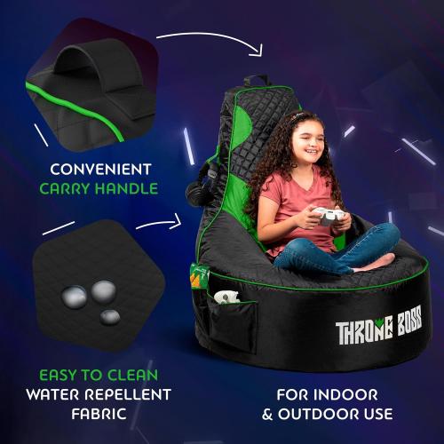 Throne Boss Gaming Bean Bag Chair Cover for Kids with High Back, Green – Floor Gaming Chair Cover, Easy to Clean Fabric, Large Side Pockets, Headphone Hanger, Requires 200 Liters Polystyrene Beans