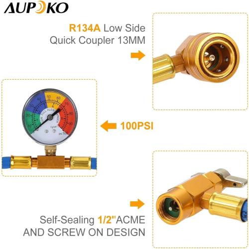 Aupoko R134A AC Refrigerant Charge Hose Kit 1/2 Self-Sealing Valve Can Tap