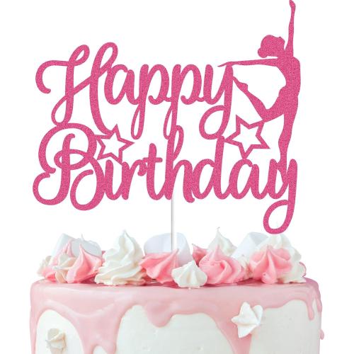 Gymnastics Happy Birthday Cake Topper Pink Rose Gold Glitter Gymnast Cake Decoration Gymnastics Sports Themed Baby Girl Birthday Party Supplies