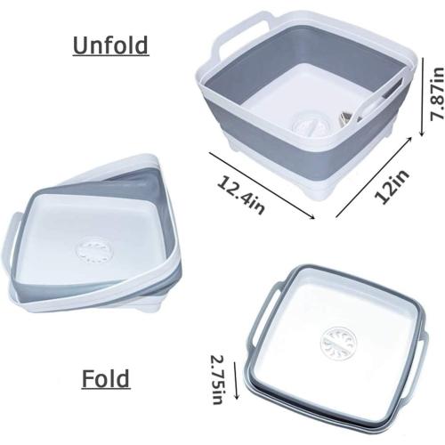 9L (2.4Gal) Dish Basin Collapsible with Drain Plug Carry Handles,Kitchen Storage Tray Dish Wash Basin, Portable Dish Tub, Foldable Dishpan for Camping,RV,Gray