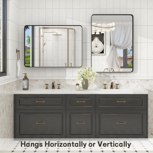 24x32 Inch Black Framed Bathroom Mirror for Wall, Matte Black Metal Wall Mirror, Black Rectangle Vanity Mirror, Tempered Glass, Anti-Rust, Hangs Vertically or Horizontally