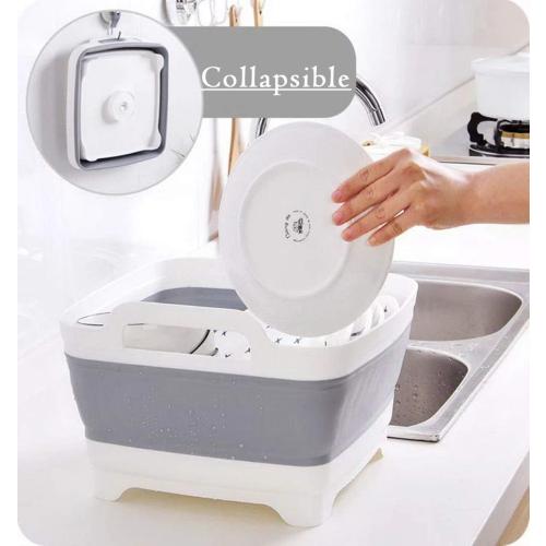 9L (2.4Gal) Dish Basin Collapsible with Drain Plug Carry Handles,Kitchen Storage Tray Dish Wash Basin, Portable Dish Tub, Foldable Dishpan for Camping,RV,Gray