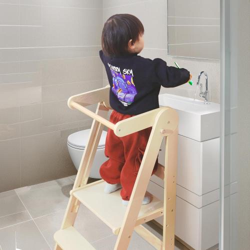 Foldable Toddler Tower Kitchen Step Stool, Folding Tower for Learning with 3 Adjustable Heights, Montessori Toddler Standing Tower Collapsible Step Stool for Kids 1.5-6y Natural